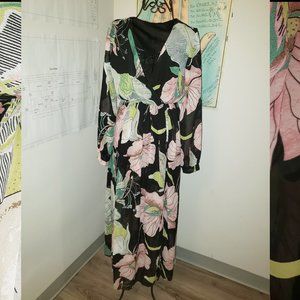 SOLD Black Floral Print Long Sleeve Chifon Blouson Dress Cottagecore Prairie XL